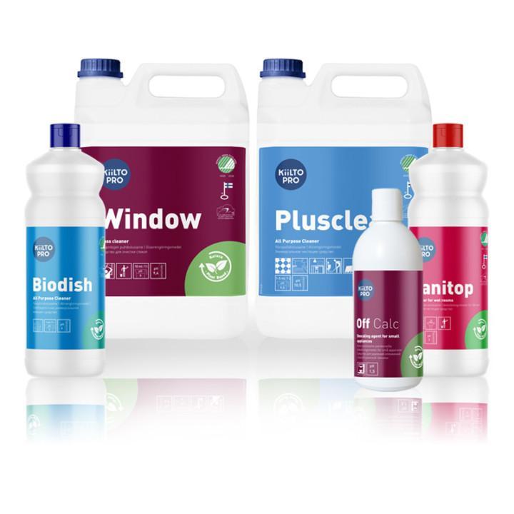 Kiilto Pro Natura produkter: Flaske med Biodish, OffCalc, Sanitop, og kanner med Window og Plusclean